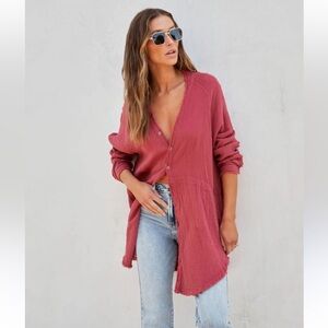 Flawless Brand 100% Cotton Long Sleeve Shirt Dress Dusty Rose Pink